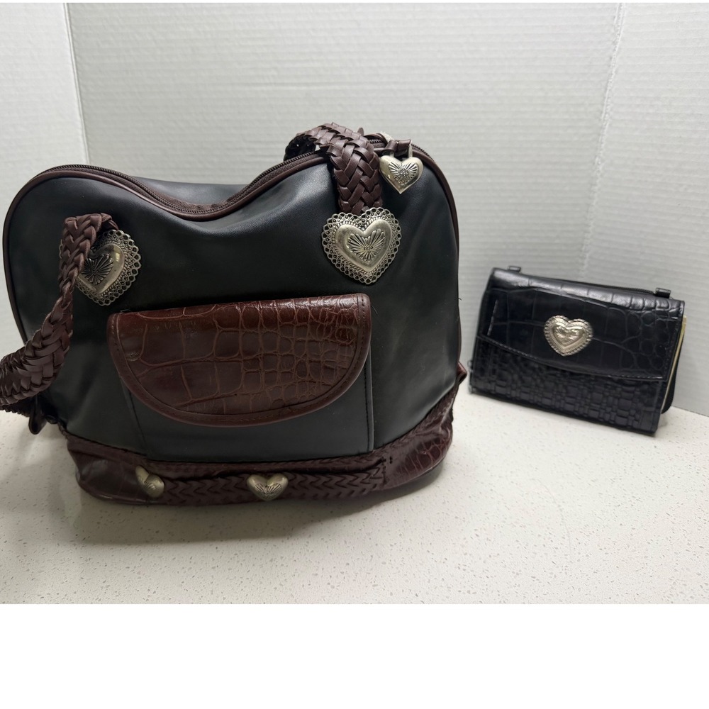 Brighton Black Mahogany Leather Heart Concho Braided Shoulder Bag and Wallet Set